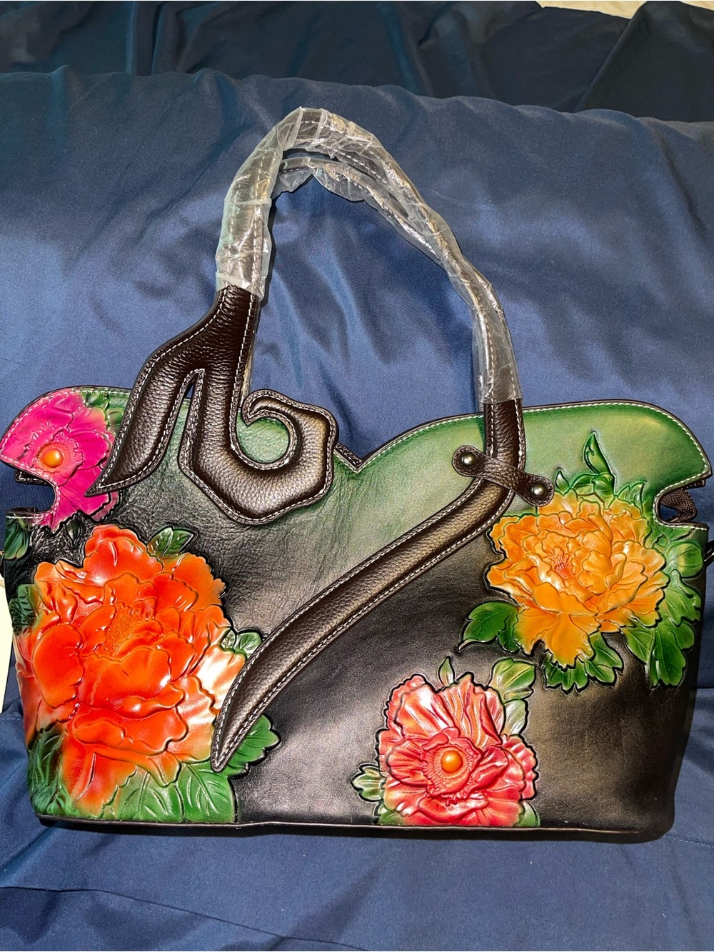 Yhok Floral Leather Tote Bag in Green and Black